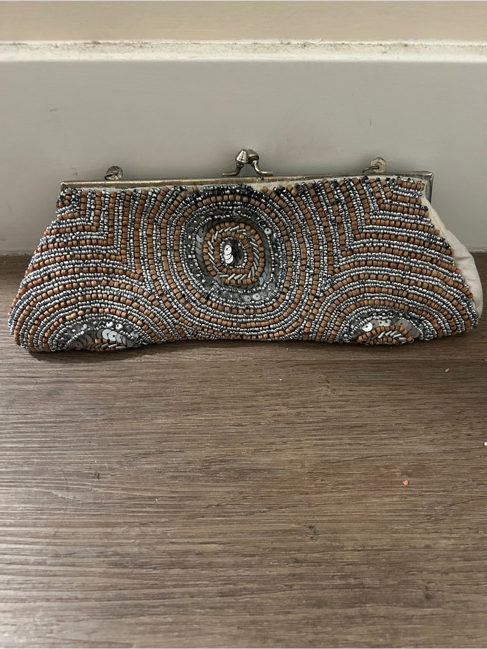 Beaded Spiral Pattern Clutch in Silver and Tan